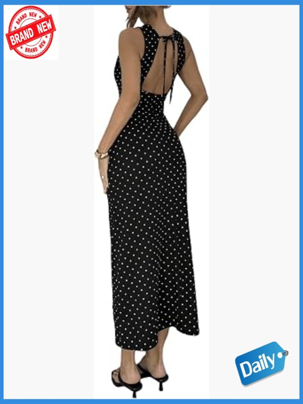 Polka Dot Sleeveless Backless Dress with Tie Back Calf Length Fitted Silhouette